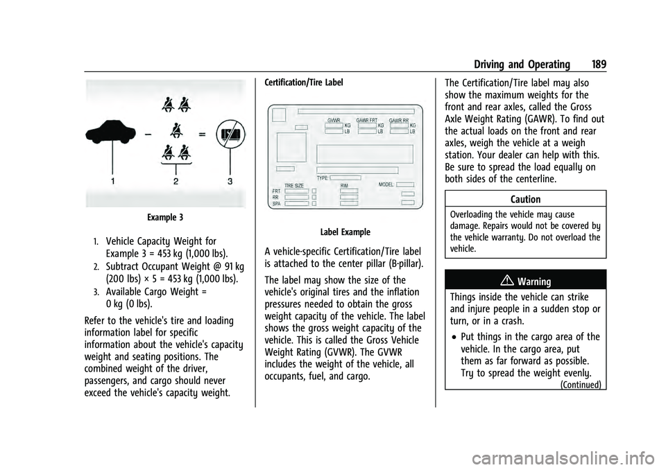 CHEVROLET EQUINOX 2023  Owners Manual Chevrolet Equinox Owner Manual (GMNA-Localizing-U.S./Canada-
16540728) - 2023 - crc - 6/16/22
Driving and Operating 189
Example 3
1.Vehicle Capacity Weight for
Example 3 = 453 kg (1,000 lbs).
2.Subtra