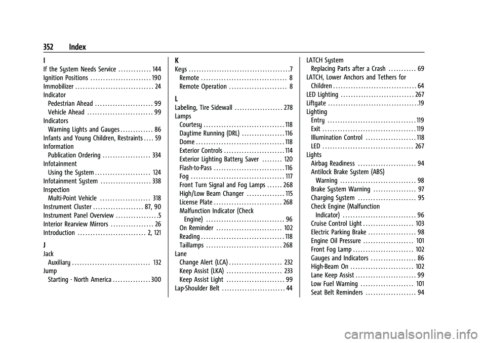 CHEVROLET EQUINOX 2022 Owners Manual Chevrolet Equinox Owner Manual (GMNA-Localizing-U.S./Canada-
16540728) - 2023 - crc - 6/16/22
352 Index
I
If the System Needs Service . . . . . . . . . . . . . 144
Ignition Positions . . . . . . . . . CHEVROLET EQUINOX 2022 Owners Manual Chevrolet Equinox Owner Manual (GMNA-Localizing-U.S./Canada-
16540728) - 2023 - crc - 6/16/22
352 Index
I
If the System Needs Service . . . . . . . . . . . . . 144
Ignition Positions . . . . . . . . .