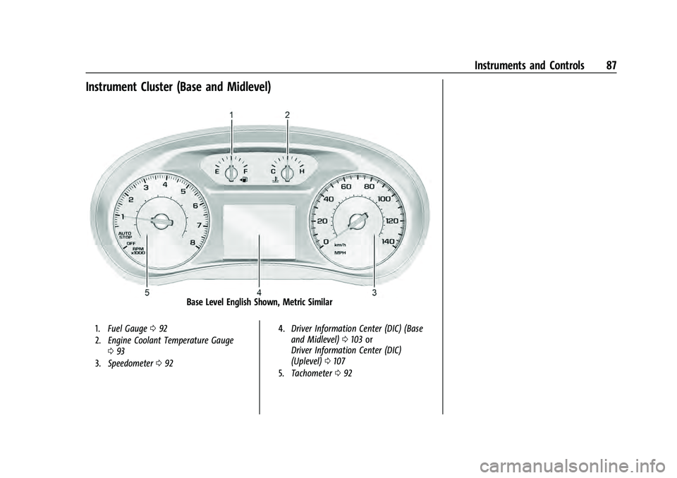 CHEVROLET EQUINOX 2022 Manual Online Chevrolet Equinox Owner Manual (GMNA-Localizing-U.S./Canada-
16540728) - 2023 - crc - 6/16/22
Instruments and Controls 87
Instrument Cluster (Base and Midlevel)
Base Level English Shown, Metric Simila CHEVROLET EQUINOX 2022 Manual Online Chevrolet Equinox Owner Manual (GMNA-Localizing-U.S./Canada-
16540728) - 2023 - crc - 6/16/22
Instruments and Controls 87
Instrument Cluster (Base and Midlevel)
Base Level English Shown, Metric Simila
