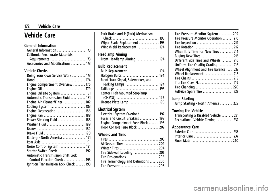 CHEVROLET EXPRESS 2023  Owners Manual Chevrolet Express Owner Manual (GMNA-Localizing-U.S./Canada/Mexico-
16547501) - 2023 - CRC - 6/10/22
172 Vehicle Care
Vehicle Care
General Information
General Information . . . . . . . . . . . . . . .