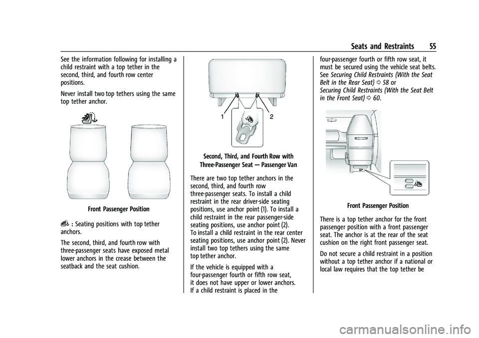 CHEVROLET EXPRESS 2023 Workshop Manual Chevrolet Express Owner Manual (GMNA-Localizing-U.S./Canada/Mexico-
16547501) - 2023 - CRC - 6/10/22
Seats and Restraints 55
See the information following for installing a
child restraint with a top t CHEVROLET EXPRESS 2023 Workshop Manual Chevrolet Express Owner Manual (GMNA-Localizing-U.S./Canada/Mexico-
16547501) - 2023 - CRC - 6/10/22
Seats and Restraints 55
See the information following for installing a
child restraint with a top t