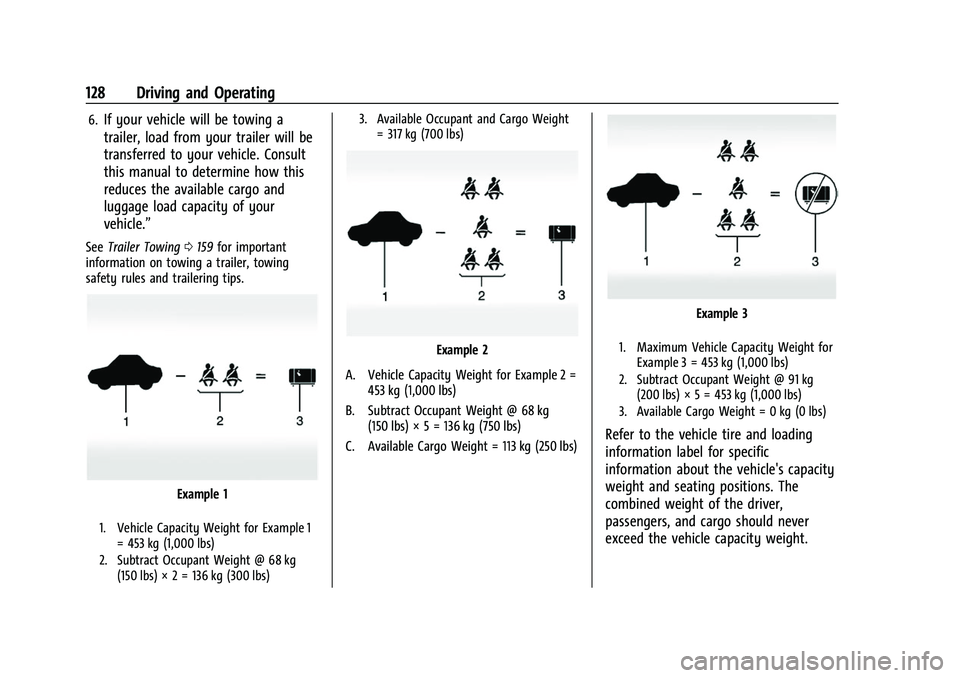 CHEVROLET EXPRESS 2022  Owners Manual Chevrolet Express Owner Manual (GMNA-Localizing-U.S./Canada/Mexico-
15555951) - 2022 - CRC - 1/27/22
128 Driving and Operating
6.If your vehicle will be towing a
trailer, load from your trailer will b