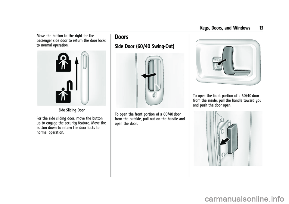 CHEVROLET EXPRESS 2022 Owners Manual Chevrolet Express Owner Manual (GMNA-Localizing-U.S./Canada/Mexico-
15555951) - 2022 - CRC - 1/27/22
Keys, Doors, and Windows 13
Move the button to the right for the
passenger side door to return the CHEVROLET EXPRESS 2022 Owners Manual Chevrolet Express Owner Manual (GMNA-Localizing-U.S./Canada/Mexico-
15555951) - 2022 - CRC - 1/27/22
Keys, Doors, and Windows 13
Move the button to the right for the
passenger side door to return the