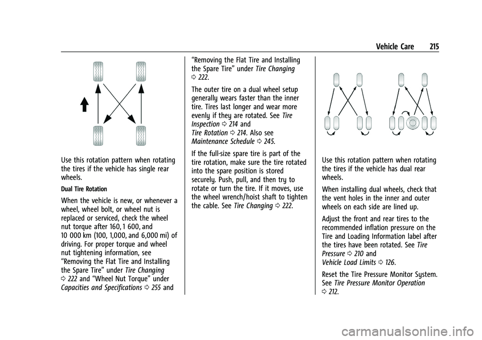 CHEVROLET EXPRESS 2022  Owners Manual Chevrolet Express Owner Manual (GMNA-Localizing-U.S./Canada/Mexico-
15555951) - 2022 - CRC - 1/27/22
Vehicle Care 215
Use this rotation pattern when rotating
the tires if the vehicle has single rear
w