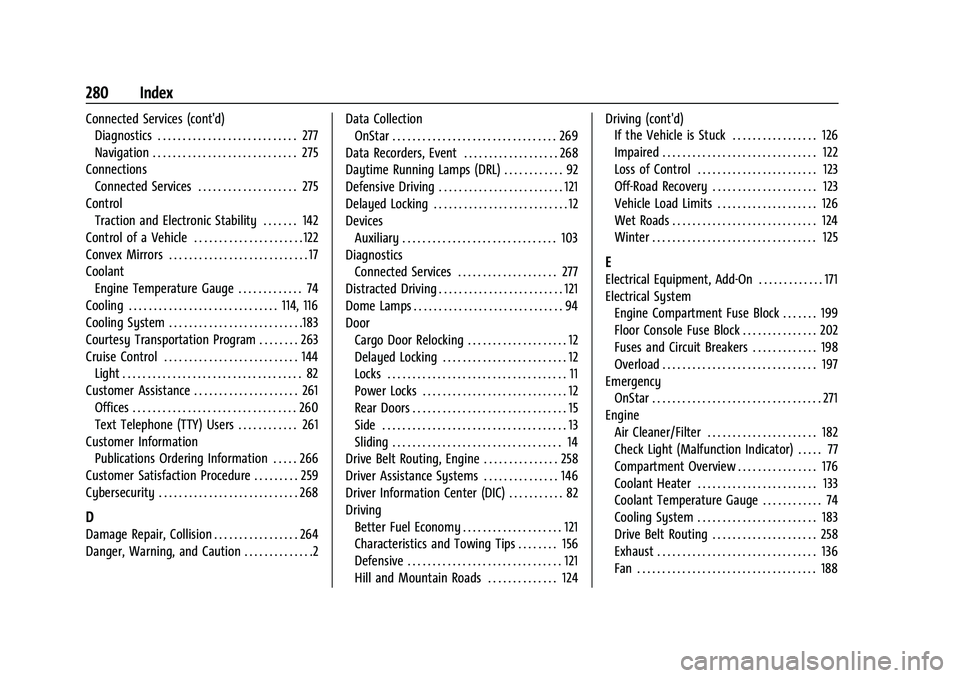 CHEVROLET EXPRESS 2022  Owners Manual Chevrolet Express Owner Manual (GMNA-Localizing-U.S./Canada/Mexico-
15555951) - 2022 - CRC - 1/27/22
280 Index
Connected Services (cont'd)Diagnostics . . . . . . . . . . . . . . . . . . . . . . . 