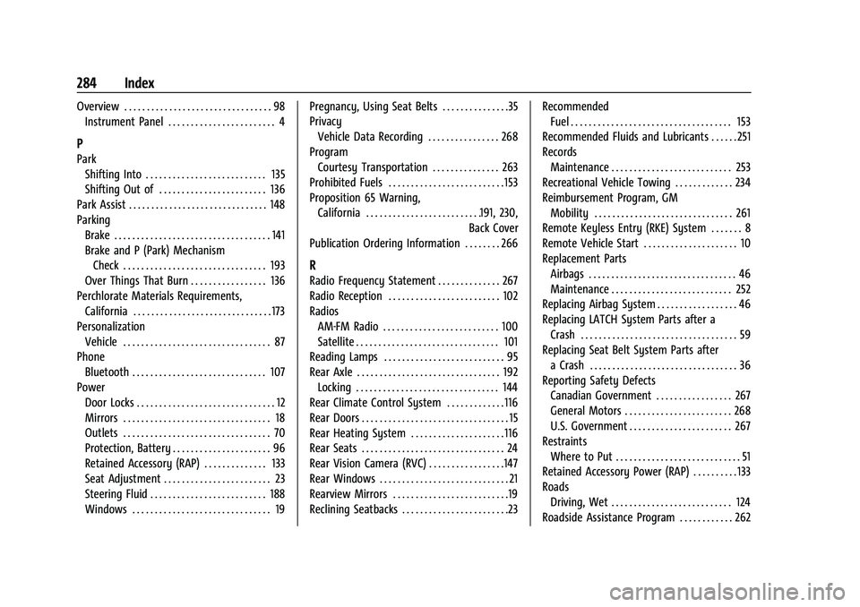 CHEVROLET EXPRESS 2022  Owners Manual Chevrolet Express Owner Manual (GMNA-Localizing-U.S./Canada/Mexico-
15555951) - 2022 - CRC - 1/27/22
284 Index
Overview . . . . . . . . . . . . . . . . . . . . . . . . . . . . . . . . . 98Instrument P