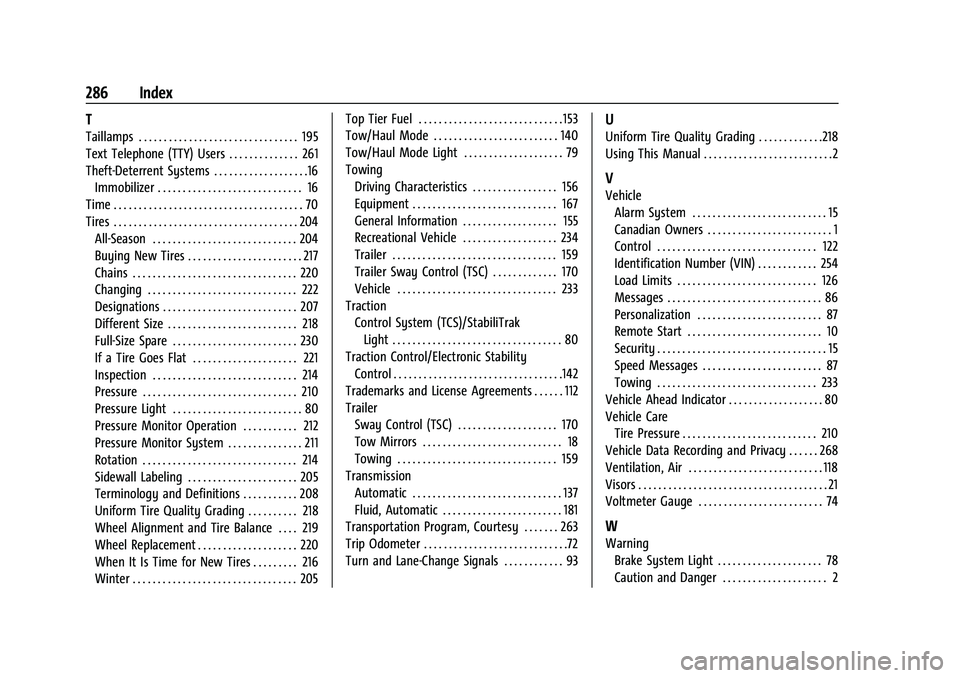 CHEVROLET EXPRESS 2022  Owners Manual Chevrolet Express Owner Manual (GMNA-Localizing-U.S./Canada/Mexico-
15555951) - 2022 - CRC - 1/27/22
286 Index
T
Taillamps . . . . . . . . . . . . . . . . . . . . . . . . . . . . . . . . 195
Text Tele