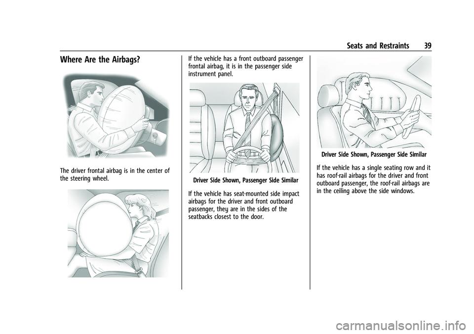 CHEVROLET EXPRESS 2022 Owners Guide Chevrolet Express Owner Manual (GMNA-Localizing-U.S./Canada/Mexico-
15555951) - 2022 - CRC - 1/27/22
Seats and Restraints 39
Where Are the Airbags?
The driver frontal airbag is in the center of
the st