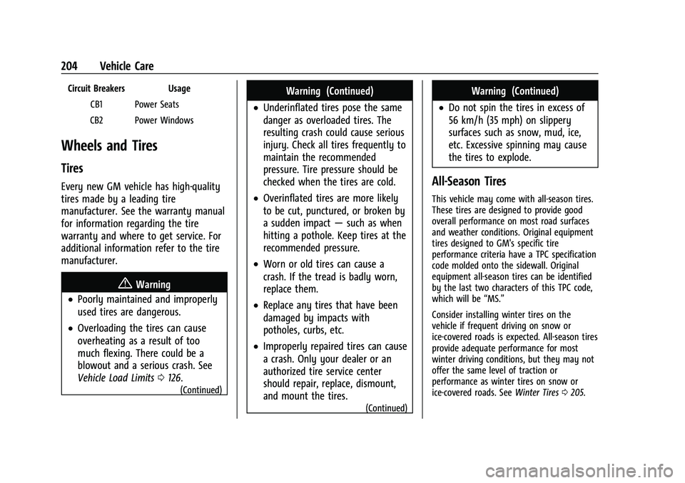 CHEVROLET EXPRESS 2021  Owners Manual Chevrolet Express Owner Manual (GMNA-Localizing-U.S./Canada/Mexico-
15555951) - 2022 - CRC - 1/27/22
204 Vehicle Care
Circuit Breakers UsageCB1 Power Seats
CB2 Power Windows
Wheels and Tires
Tires
Eve