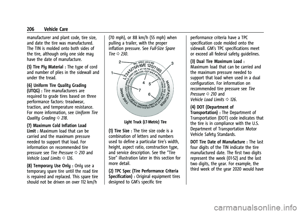 CHEVROLET EXPRESS 2021  Owners Manual Chevrolet Express Owner Manual (GMNA-Localizing-U.S./Canada/Mexico-
15555951) - 2022 - CRC - 1/27/22
206 Vehicle Care
manufacturer and plant code, tire size,
and date the tire was manufactured.
The TI