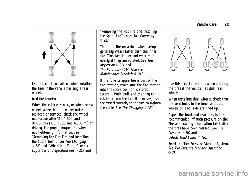 CHEVROLET EXPRESS 2021  Owners Manual Chevrolet Express Owner Manual (GMNA-Localizing-U.S./Canada/Mexico-
15555951) - 2022 - CRC - 1/27/22
Vehicle Care 215
Use this rotation pattern when rotating
the tires if the vehicle has single rear
w