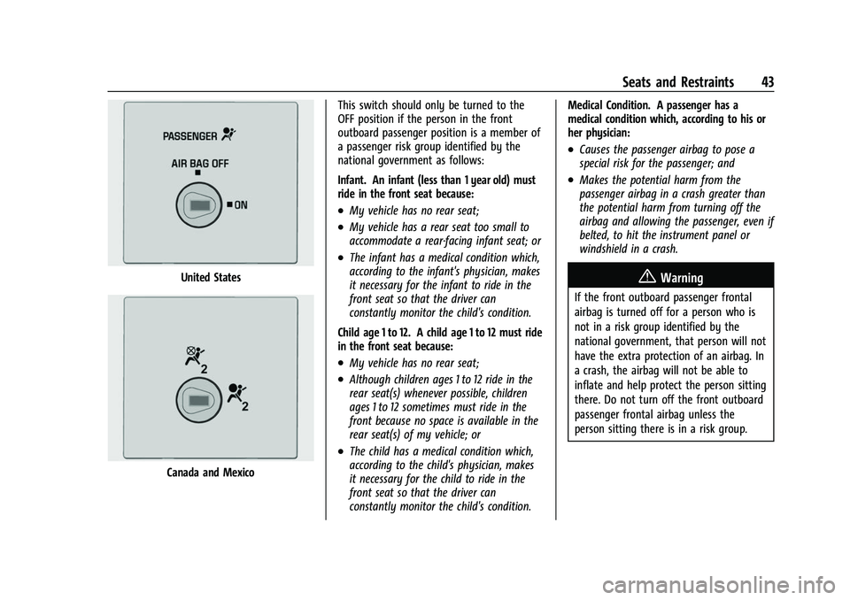 CHEVROLET EXPRESS 2021 Service Manual Chevrolet Express Owner Manual (GMNA-Localizing-U.S./Canada/Mexico-
15555951) - 2022 - CRC - 1/27/22
Seats and Restraints 43
United States
Canada and MexicoThis switch should only be turned to the
OFF