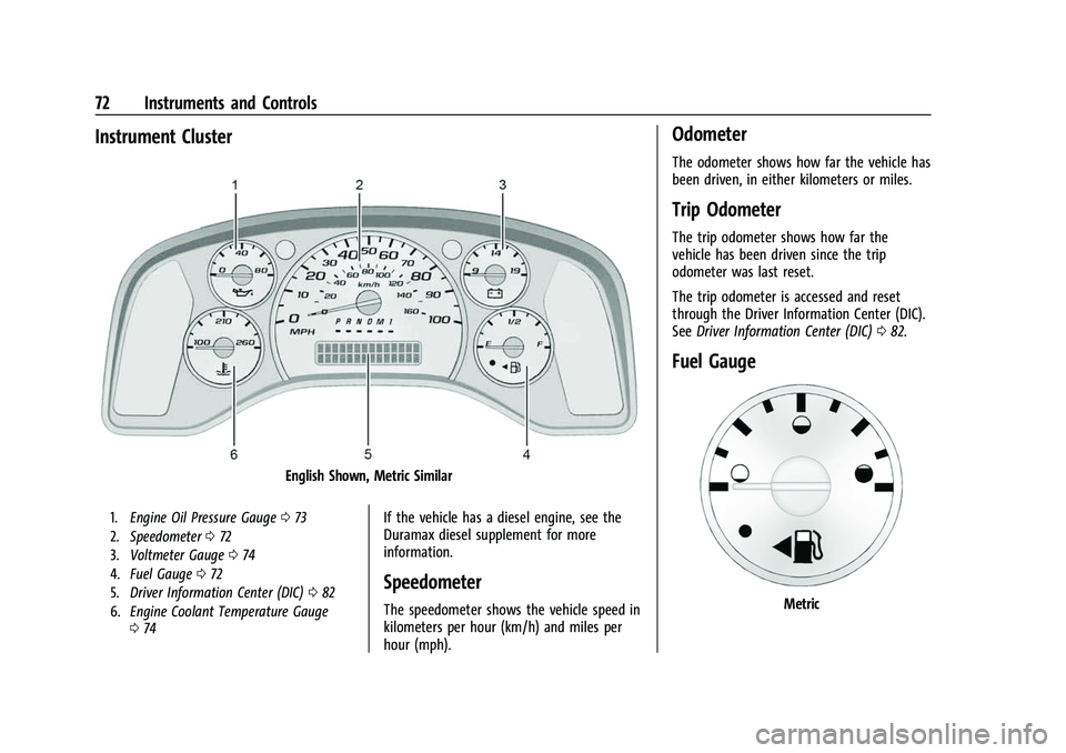 CHEVROLET EXPRESS 2021  Owners Manual Chevrolet Express Owner Manual (GMNA-Localizing-U.S./Canada/Mexico-
15555951) - 2022 - CRC - 1/27/22
72 Instruments and Controls
Instrument Cluster
English Shown, Metric Similar
1.Engine Oil Pressure 