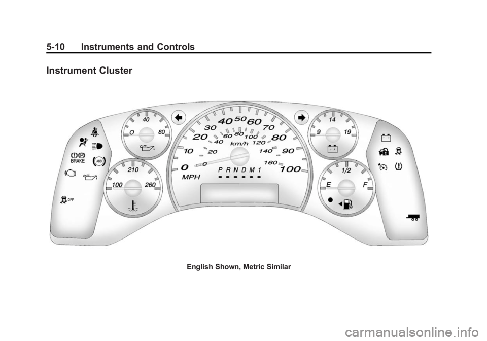 CHEVROLET EXPRESS 2014 Owners Manual Black plate (10,1)Chevrolet Express Owner Manual (GMNA-Localizing-U.S./Canada/Mexico-
7707481) - 2015 - CRC - 4/30/14
5-10 Instruments and Controls
Instrument Cluster
English Shown, Metric Similar CHEVROLET EXPRESS 2014 Owners Manual Black plate (10,1)Chevrolet Express Owner Manual (GMNA-Localizing-U.S./Canada/Mexico-
7707481) - 2015 - CRC - 4/30/14
5-10 Instruments and Controls
Instrument Cluster
English Shown, Metric Similar