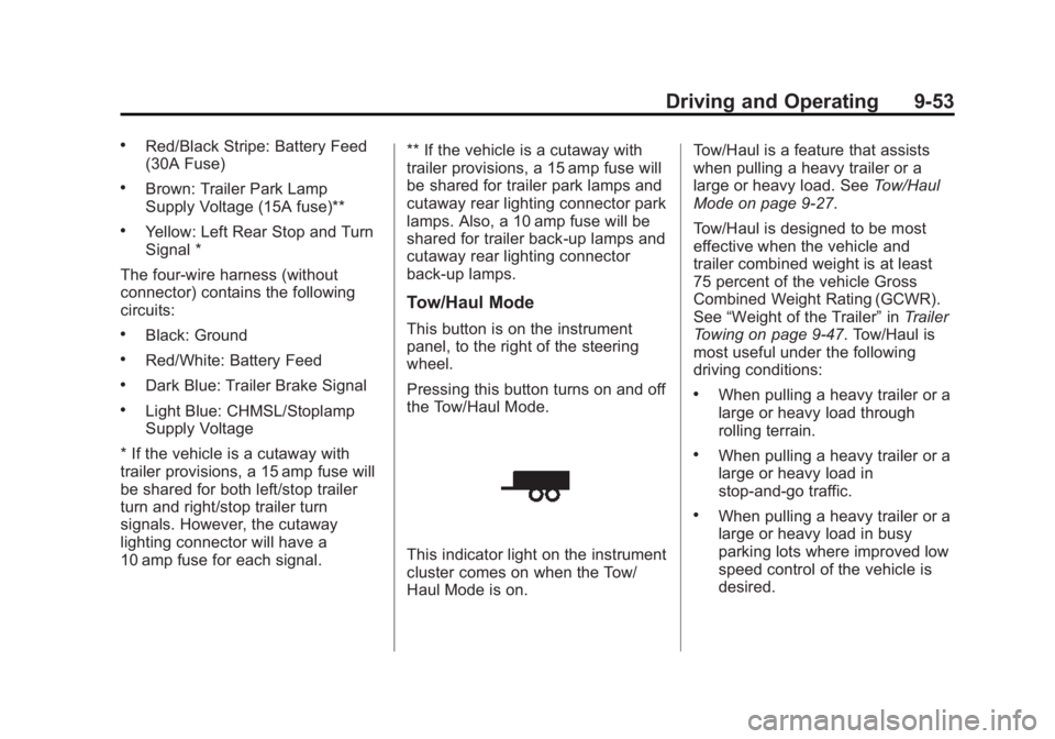CHEVROLET EXPRESS 2014 Owners Manual Black plate (53,1)Chevrolet Express Owner Manual (GMNA-Localizing-U.S./Canada/Mexico-
7707481) - 2015 - CRC - 4/30/14
Driving and Operating 9-53
.Red/Black Stripe: Battery Feed
(30A Fuse)
.Brown: Trai CHEVROLET EXPRESS 2014 Owners Manual Black plate (53,1)Chevrolet Express Owner Manual (GMNA-Localizing-U.S./Canada/Mexico-
7707481) - 2015 - CRC - 4/30/14
Driving and Operating 9-53
.Red/Black Stripe: Battery Feed
(30A Fuse)
.Brown: Trai