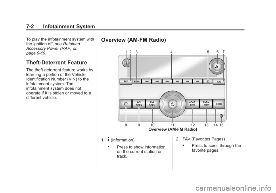 CHEVROLET EXPRESS 2012  Owners Manual Black plate (2,1)Chevrolet Express Owner Manual (GMNA-Localizing-U.S./Canada/Mexico-
7707481) - 2015 - CRC - 4/30/14
7-2 Infotainment System
To play the infotainment system with
the ignition off, seeR