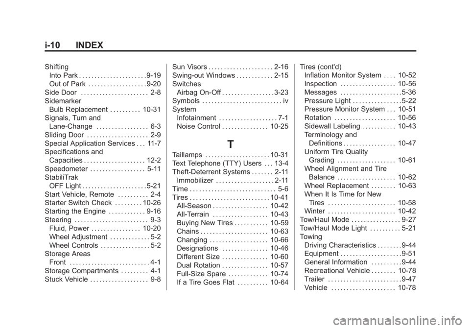 CHEVROLET EXPRESS 2012  Owners Manual Black plate (10,1)Chevrolet Express Owner Manual (GMNA-Localizing-U.S./Canada/Mexico-
7707481) - 2015 - CRC - 4/30/14
i-10 INDEX
ShiftingInto Park . . . . . . . . . . . . . . . . . . . . . . 9-19
Out 