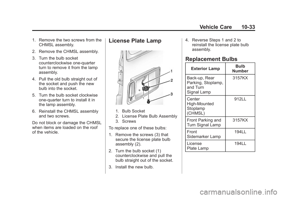 CHEVROLET EXPRESS 2011 Owners Manual Black plate (33,1)Chevrolet Express Owner Manual (GMNA-Localizing-U.S./Canada/Mexico-
7707481) - 2015 - CRC - 4/30/14
Vehicle Care 10-33
1. Remove the two screws from theCHMSL assembly.
2. Remove the CHEVROLET EXPRESS 2011 Owners Manual Black plate (33,1)Chevrolet Express Owner Manual (GMNA-Localizing-U.S./Canada/Mexico-
7707481) - 2015 - CRC - 4/30/14
Vehicle Care 10-33
1. Remove the two screws from theCHMSL assembly.
2. Remove the