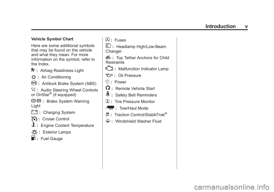 CHEVROLET EXPRESS 2011 Owners Manual Black plate (5,1)Chevrolet Express Owner Manual (GMNA-Localizing-U.S./Canada/Mexico-
7707481) - 2015 - CRC - 4/30/14
Introduction v
Vehicle Symbol Chart
Here are some additional symbols
that may be fo CHEVROLET EXPRESS 2011 Owners Manual Black plate (5,1)Chevrolet Express Owner Manual (GMNA-Localizing-U.S./Canada/Mexico-
7707481) - 2015 - CRC - 4/30/14
Introduction v
Vehicle Symbol Chart
Here are some additional symbols
that may be fo
