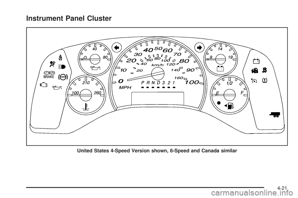 CHEVROLET EXPRESS 2009 Owners Manual Instrument Panel Cluster
United States 4-Speed Version shown, 6-Speed and Canada similar
4-21 CHEVROLET EXPRESS 2009 Owners Manual Instrument Panel Cluster
United States 4-Speed Version shown, 6-Speed and Canada similar
4-21