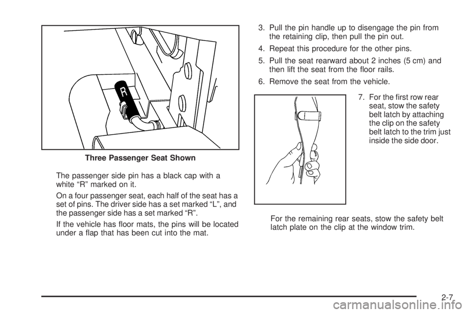 CHEVROLET EXPRESS 2009 Owners Manual The passenger side pin has a black cap with a
white “R” marked on it.
On a four passenger seat, each half of the seat has a
set of pins. The driver side has a set marked “L”, and
the passenger CHEVROLET EXPRESS 2009 Owners Manual The passenger side pin has a black cap with a
white “R” marked on it.
On a four passenger seat, each half of the seat has a
set of pins. The driver side has a set marked “L”, and
the passenger