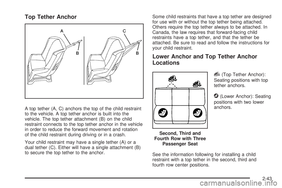 CHEVROLET EXPRESS 2009 Repair Manual Top Tether Anchor
A top tether (A, C) anchors the top of the child restraint
to the vehicle. A top tether anchor is built into the
vehicle. The top tether attachment (B) on the child
restraint connect