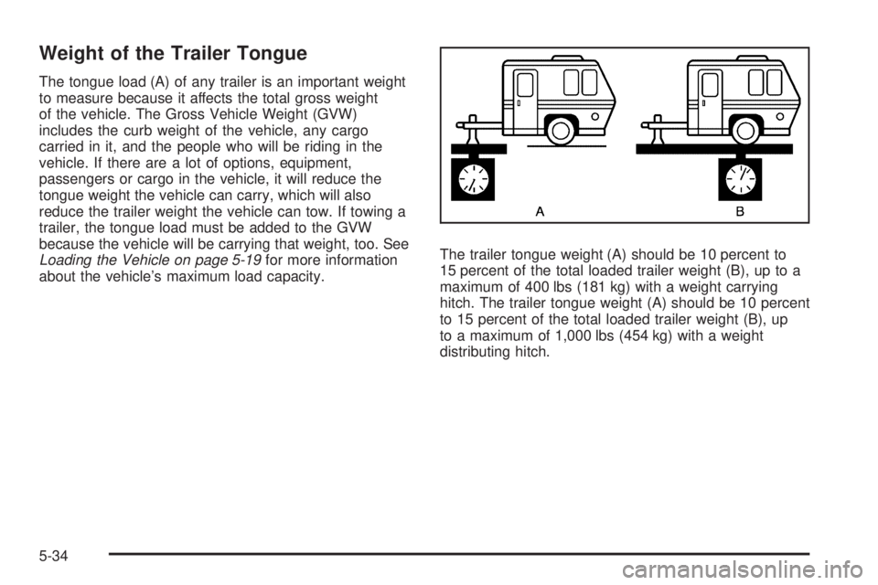 CHEVROLET EXPRESS 2008  Owners Manual Weight of the Trailer Tongue
The tongue load (A) of any trailer is an important weight
to measure because it affects the total gross weight
of the vehicle. The Gross Vehicle Weight (GVW)
includes the 