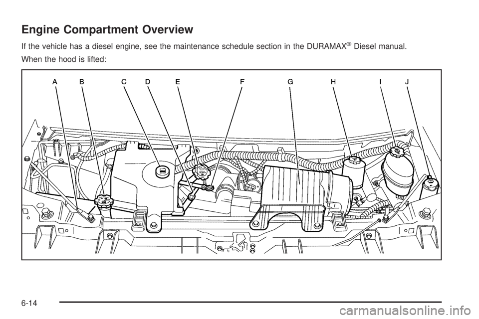 CHEVROLET EXPRESS 2007  Owners Manual Engine Compartment Overview
If the vehicle has a diesel engine, see the maintenance schedule section in the DURAMAX®Diesel manual.
When the hood is lifted:
6-14 