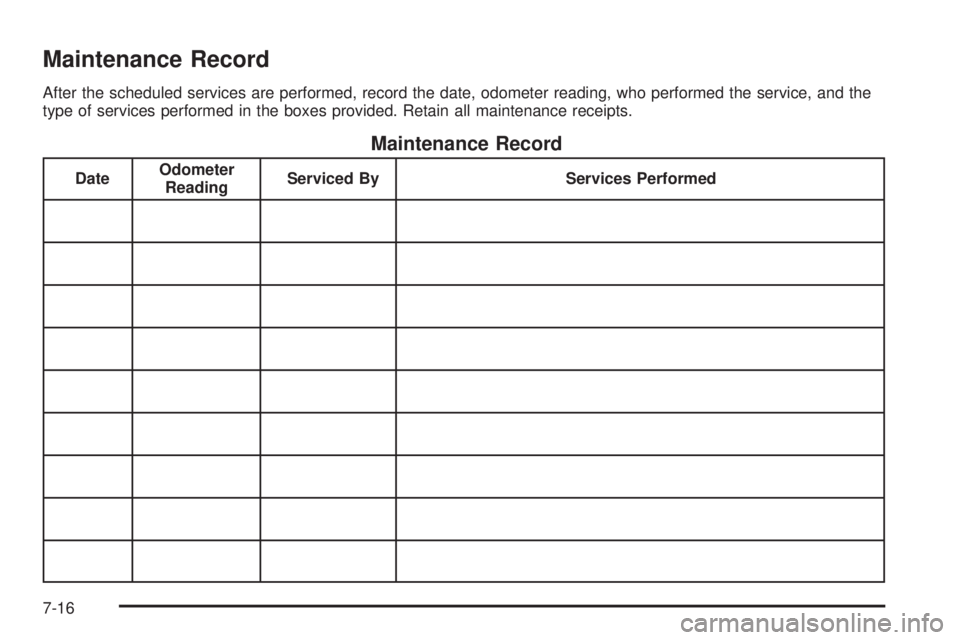 CHEVROLET EXPRESS 2007 Owners Manual Maintenance Record
After the scheduled services are performed, record the date, odometer reading, who performed the service, and the
type of services performed in the boxes provided. Retain all mainte CHEVROLET EXPRESS 2007 Owners Manual Maintenance Record
After the scheduled services are performed, record the date, odometer reading, who performed the service, and the
type of services performed in the boxes provided. Retain all mainte