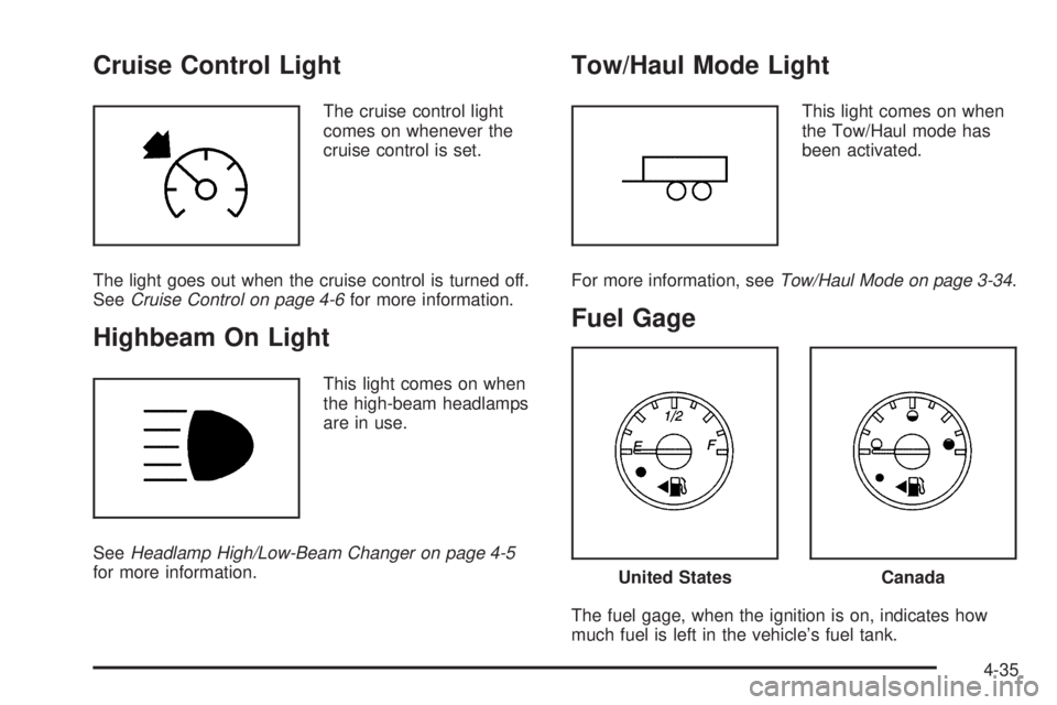 CHEVROLET EXPRESS 2006 Owners Manual Cruise Control Light
The cruise control light
comes on whenever the
cruise control is set.
The light goes out when the cruise control is turned off.
SeeCruise Control on page 4-6for more information.
CHEVROLET EXPRESS 2006 Owners Manual Cruise Control Light
The cruise control light
comes on whenever the
cruise control is set.
The light goes out when the cruise control is turned off.
SeeCruise Control on page 4-6for more information.