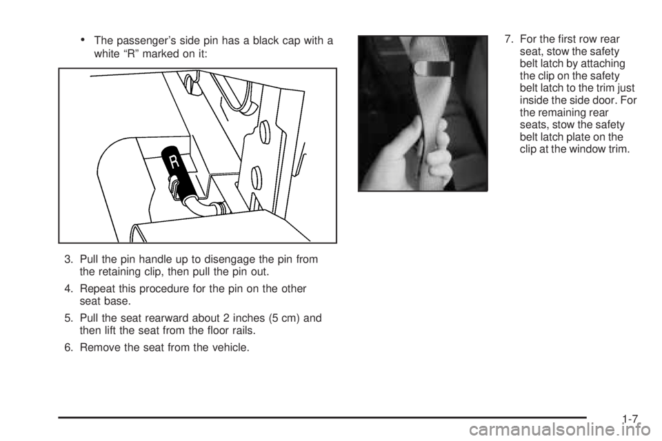 CHEVROLET EXPRESS 2005 User Guide The passenger’s side pin has a black cap with a
white “R” marked on it:
3. Pull the pin handle up to disengage the pin from
the retaining clip, then pull the pin out.
4. Repeat this procedure f