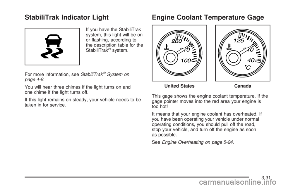 CHEVROLET EXPRESS 2005  Owners Manual StabiliTrak Indicator Light
If you have the StabiliTrak
system, this light will be on
or �ashing, according to
the description table for the
StabiliTrak
®system.
For more information, seeStabiliTrak
