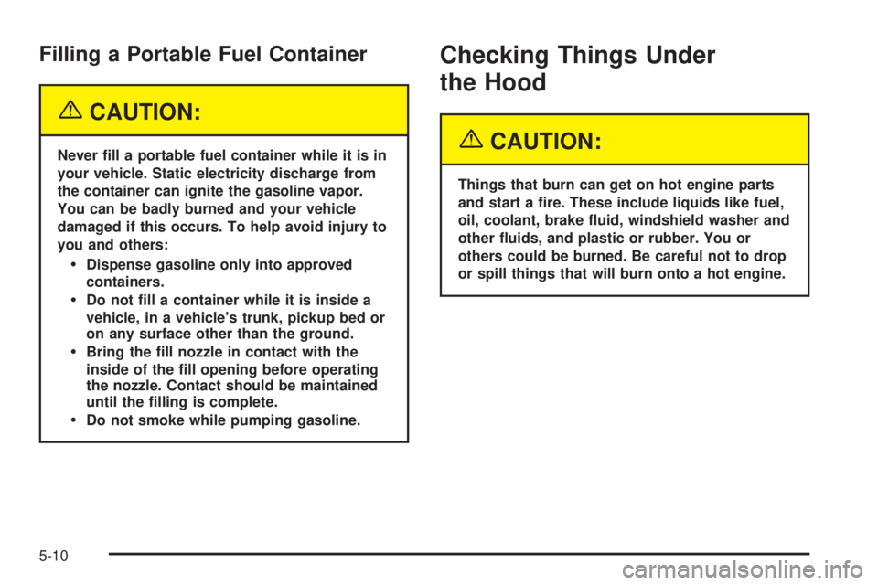 CHEVROLET EXPRESS 2005  Owners Manual Filling a Portable Fuel Container
{CAUTION:
Never �ll a portable fuel container while it is in
your vehicle. Static electricity discharge from
the container can ignite the gasoline vapor.
You can be b