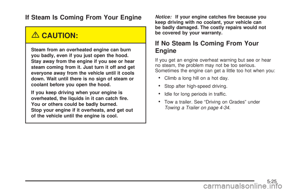 CHEVROLET EXPRESS 2005  Owners Manual If Steam Is Coming From Your Engine
{CAUTION:
Steam from an overheated engine can burn
you badly, even if you just open the hood.
Stay away from the engine if you see or hear
steam coming from it. Jus