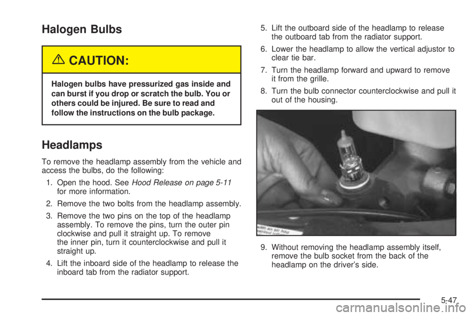 CHEVROLET EXPRESS 2005 User Guide Halogen Bulbs
{CAUTION:
Halogen bulbs have pressurized gas inside and
can burst if you drop or scratch the bulb. You or
others could be injured. Be sure to read and
follow the instructions on the bulb CHEVROLET EXPRESS 2005 User Guide Halogen Bulbs
{CAUTION:
Halogen bulbs have pressurized gas inside and
can burst if you drop or scratch the bulb. You or
others could be injured. Be sure to read and
follow the instructions on the bulb