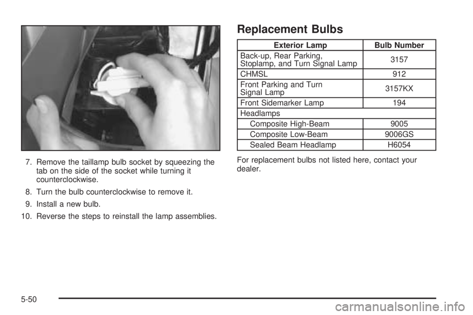 CHEVROLET EXPRESS 2005 User Guide 7. Remove the taillamp bulb socket by squeezing the
tab on the side of the socket while turning it
counterclockwise.
8. Turn the bulb counterclockwise to remove it.
9. Install a new bulb.
10. Reverse CHEVROLET EXPRESS 2005 User Guide 7. Remove the taillamp bulb socket by squeezing the
tab on the side of the socket while turning it
counterclockwise.
8. Turn the bulb counterclockwise to remove it.
9. Install a new bulb.
10. Reverse