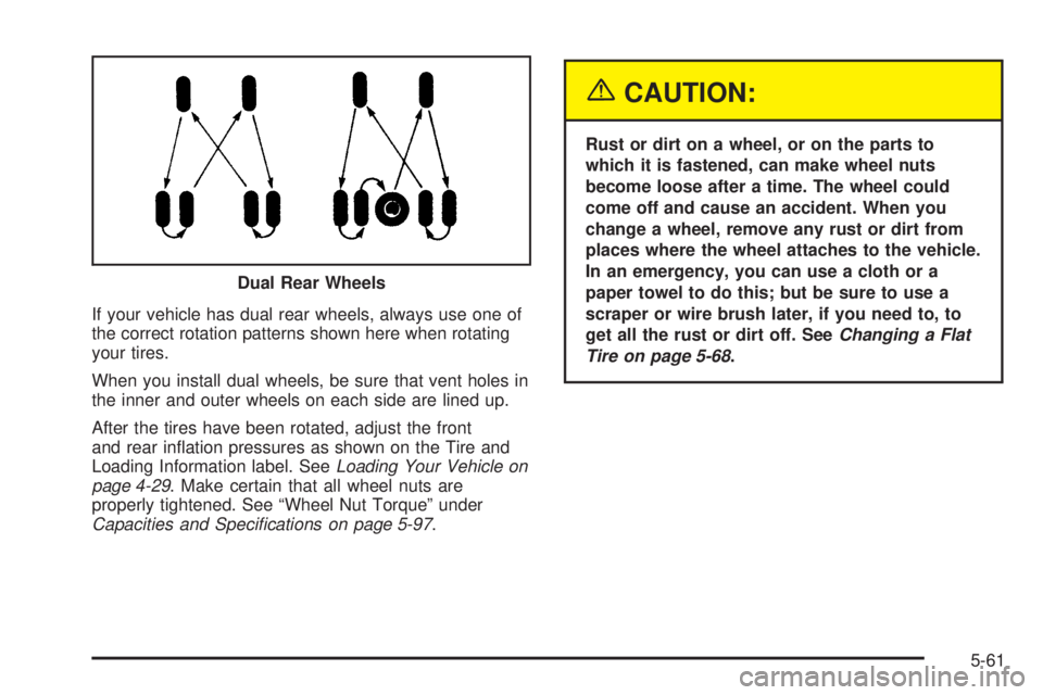 CHEVROLET EXPRESS 2005  Owners Manual If your vehicle has dual rear wheels, always use one of
the correct rotation patterns shown here when rotating
your tires.
When you install dual wheels, be sure that vent holes in
the inner and outer 