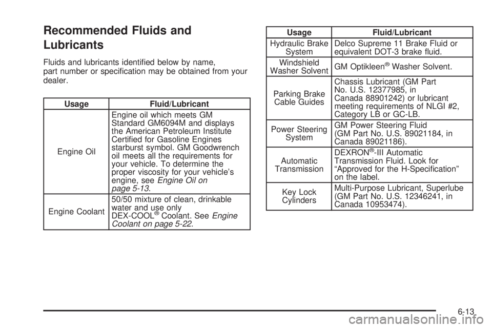 CHEVROLET EXPRESS 2005  Owners Manual Recommended Fluids and
Lubricants
Fluids and lubricants identi�ed below by name,
part number or speci�cation may be obtained from your
dealer.
Usage Fluid/Lubricant
Engine OilEngine oil which meets GM