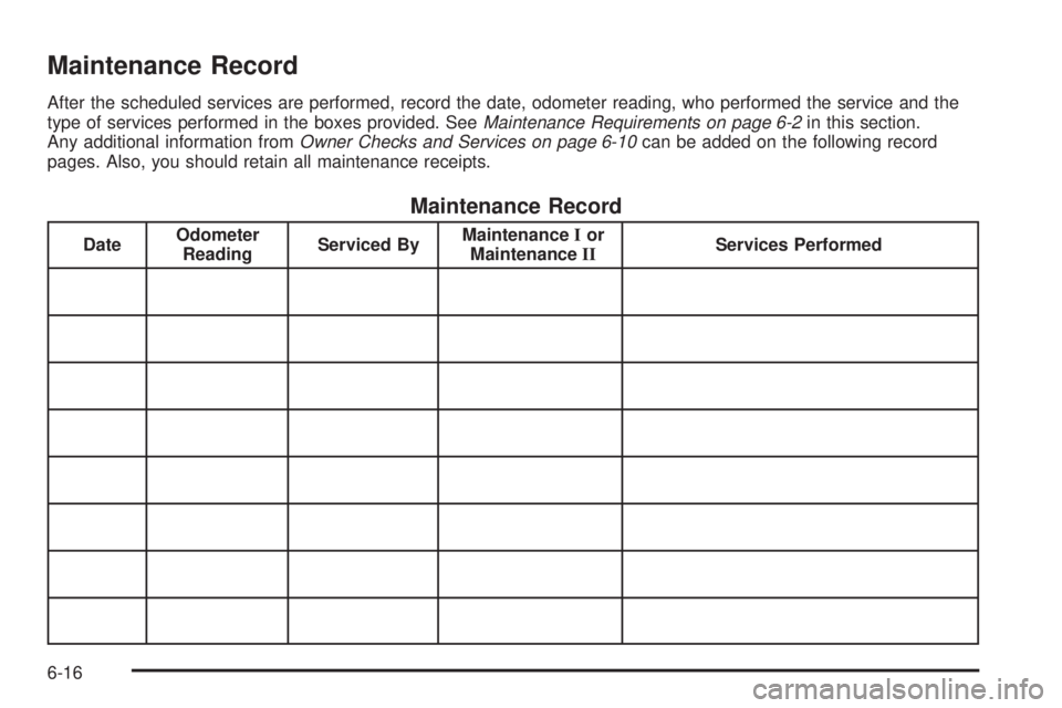 CHEVROLET EXPRESS 2005  Owners Manual Maintenance Record
After the scheduled services are performed, record the date, odometer reading, who performed the service and the
type of services performed in the boxes provided. SeeMaintenance Req