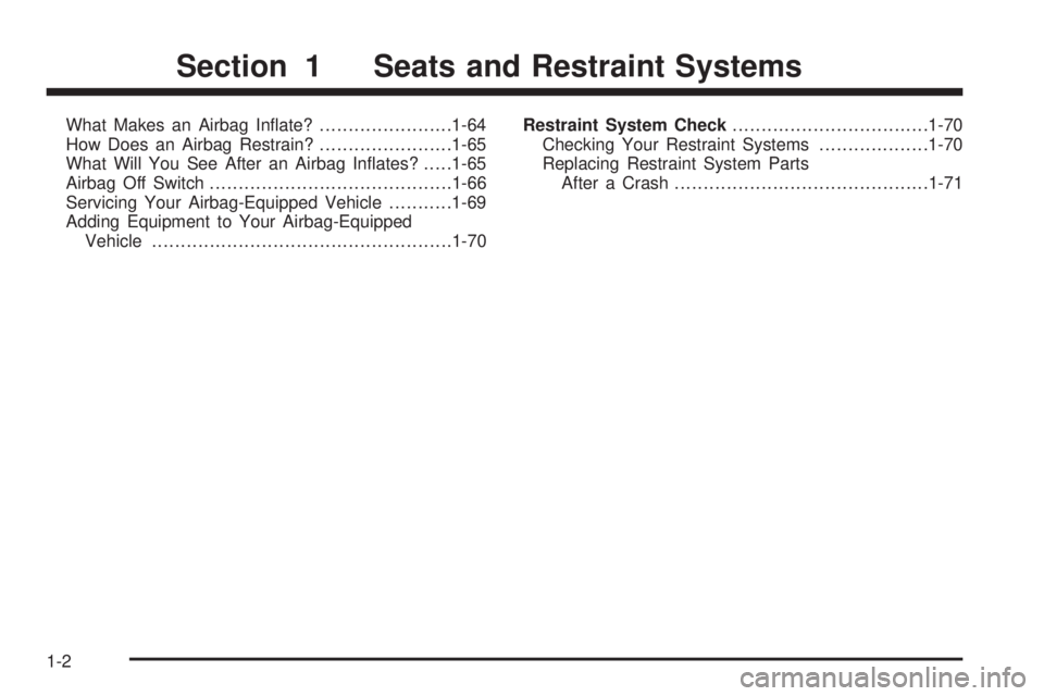 CHEVROLET EXPRESS 2005  Owners Manual What Makes an Airbag In�ate?.......................1-64
How Does an Airbag Restrain?.......................1-65
What Will You See After an Airbag In�ates?.....1-65
Airbag Off Switch...................