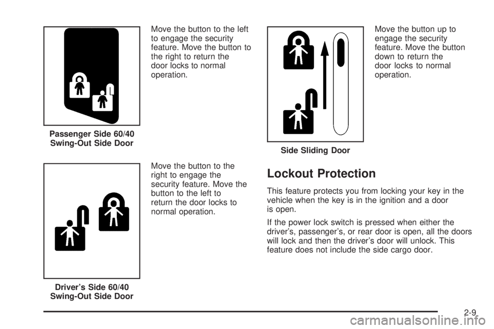 CHEVROLET EXPRESS 2005 Manual Online Move the button to the left
to engage the security
feature. Move the button to
the right to return the
door locks to normal
operation.
Move the button to the
right to engage the
security feature. Move
