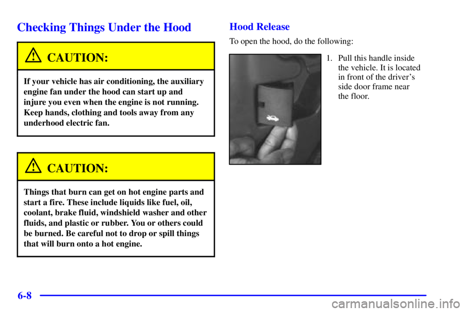 CHEVROLET EXPRESS 2002  Owners Manual 6-8
Checking Things Under the Hood
CAUTION:
If your vehicle has air conditioning, the auxiliary
engine fan under the hood can start up and
injure you even when the engine is not running.
Keep hands, c