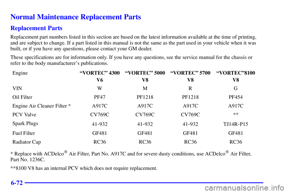 CHEVROLET EXPRESS 2002  Owners Manual 6-72
Normal Maintenance Replacement Parts
Replacement Parts
Replacement part numbers listed in this section are based on the latest information available at the time of printing,
and are subject to ch