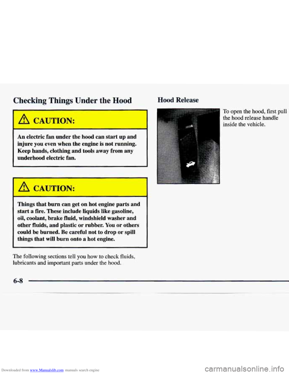 CHEVROLET MALIBU 1998  Owners Manual Downloaded from www.Manualslib.com manuals search engine Checking  Things Under the Hood 
/A CAL IION: 
An electric  fan under  the hood  can start up and 
injure  you  even  when  the  engine  is  no