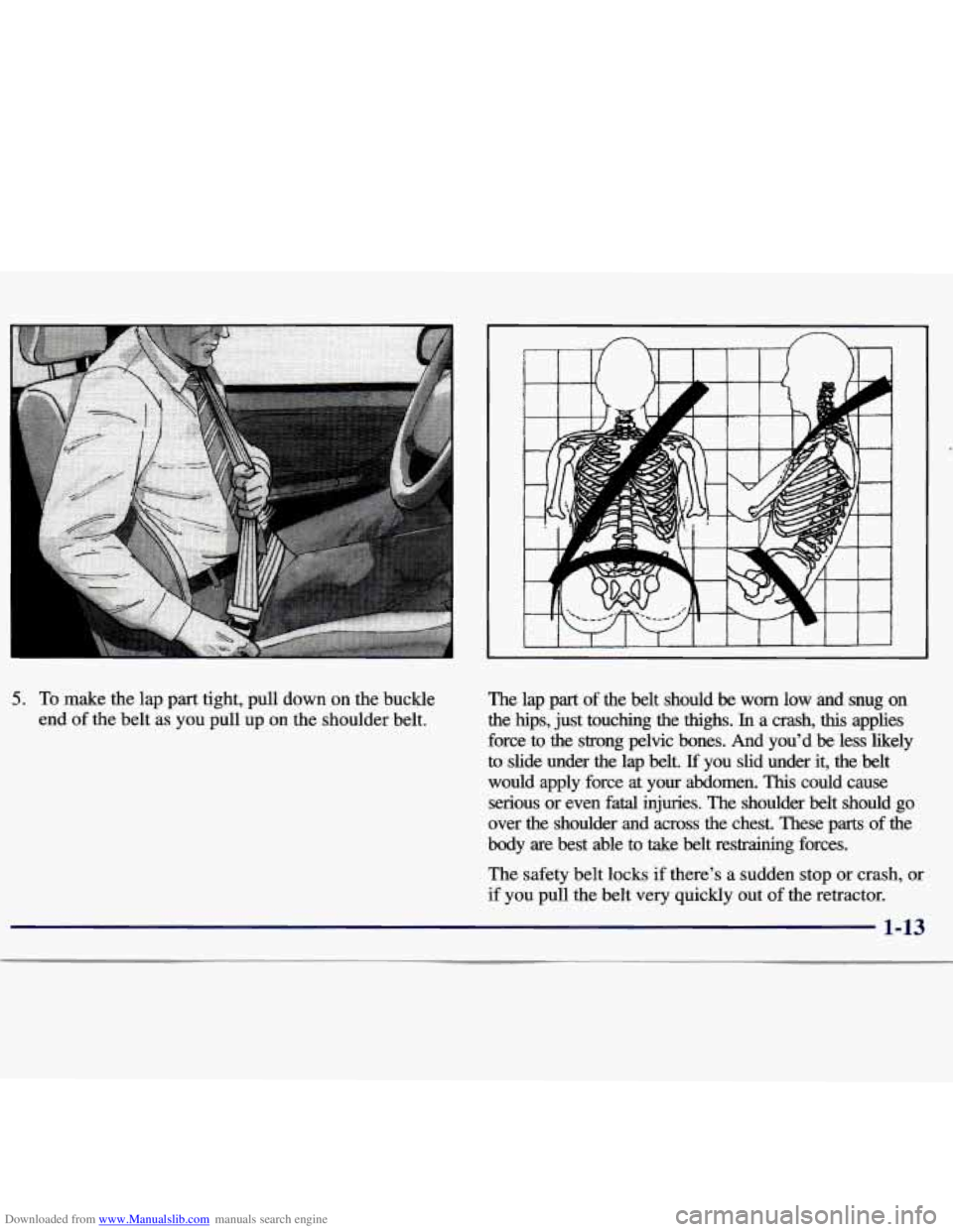 CHEVROLET MALIBU 1998 Owners Manual Downloaded from www.Manualslib.com manuals search engine 5. To make the lap  part  tight,  pull  down  on the buckle 
end  of the  belt  as  you  pull  up  on  the shoulder  belt.  The  lap  part of t