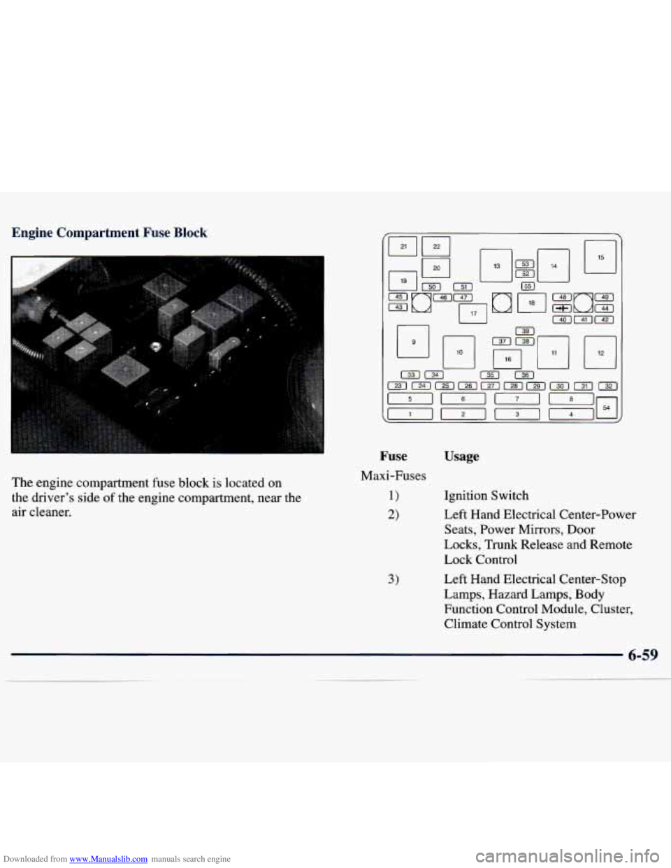 CHEVROLET MALIBU 1998 Owners Manual Downloaded from www.Manualslib.com manuals search engine Engine Comnartment Fuse Block
The engine compartment fuse block is located on
the driver’s side of the engine compartment, near the CHEVROLET MALIBU 1998 Owners Manual Downloaded from www.Manualslib.com manuals search engine Engine Comnartment Fuse Block
The engine compartment fuse block is located on
the driver’s side of the engine compartment, near the