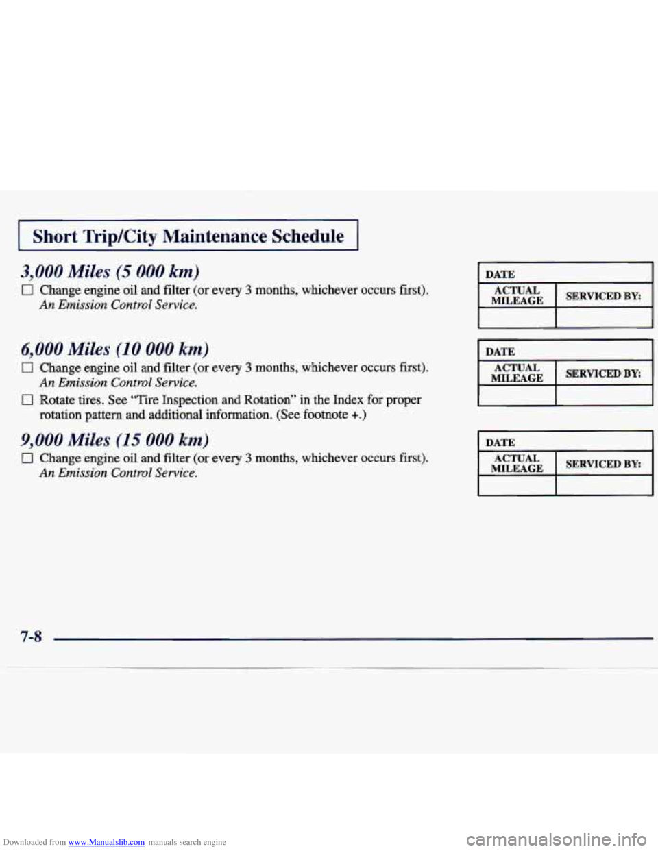 CHEVROLET MALIBU 1998 Owners Manual Downloaded from www.Manualslib.com manuals search engine I Short TripKity Maintenance Schedule I
3,000 Miles (5 000 km)
0 Change engine oil and filter (or every 3 months, whichever occurs E‘ CHEVROLET MALIBU 1998 Owners Manual Downloaded from www.Manualslib.com manuals search engine I Short TripKity Maintenance Schedule I
3,000 Miles (5 000 km)
0 Change engine oil and filter (or every 3 months, whichever occurs E‘