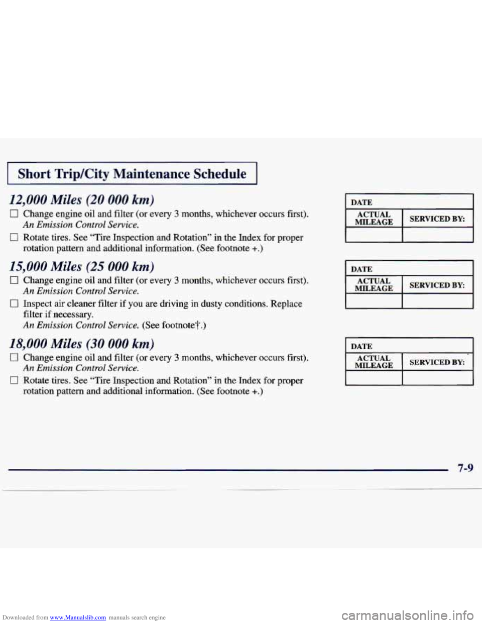 CHEVROLET MALIBU 1998 Owners Manual Downloaded from www.Manualslib.com manuals search engine I Short TripKity Maintenance Schedule I
12,000 Miles (20 000 km)
0 Change engine oil and filter (or every 3 months, whichever occurs firs CHEVROLET MALIBU 1998 Owners Manual Downloaded from www.Manualslib.com manuals search engine I Short TripKity Maintenance Schedule I
12,000 Miles (20 000 km)
0 Change engine oil and filter (or every 3 months, whichever occurs firs