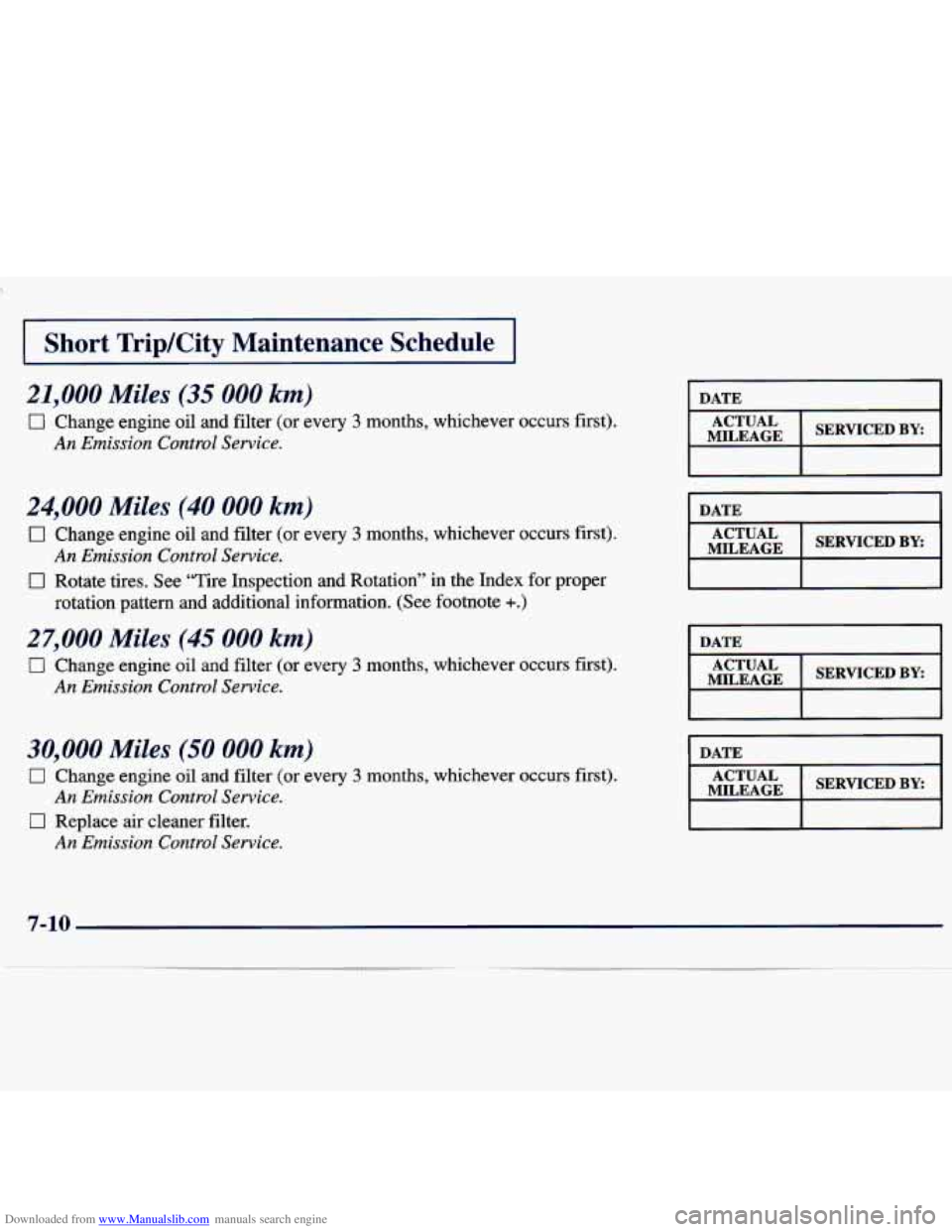 CHEVROLET MALIBU 1998  Owners Manual Downloaded from www.Manualslib.com manuals search engine I Short  TripKity  Maintenance  Schedule I ~~ ~ ~ 
21,000  Miles 
(35 000 km) 
0 Change engine oil  and filter  (or  every 3 months,  whichever