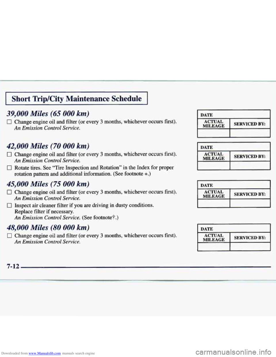 CHEVROLET MALIBU 1998  Owners Manual Downloaded from www.Manualslib.com manuals search engine I Short  TripKity  Maintenance  Schedule I 
39,000 Miles (65 000 km) 
0 Change  engine  oil  and  filter  (or  every 3 months,  whichever  occu